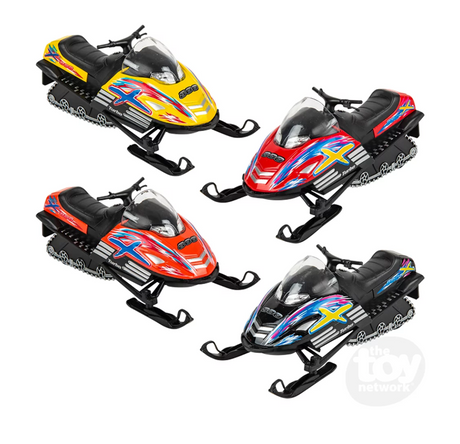 Four assorted colored 5" Die-Cast Snow Turbo Snowmobile pull-back toys for kids ages 3 and up.