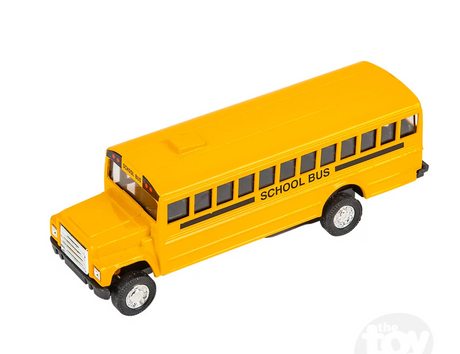 Yellow die-cast School Bus | 5-Inch toy with black windows and wheels for ages 3 and up, pulls back to drive forward on surfaces.
