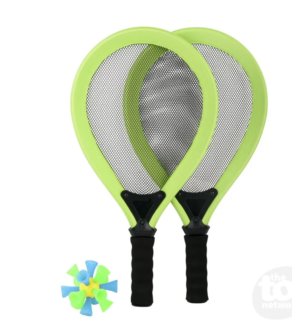 Jumbo Badminton Set with two bright green rackets and a blue and green bouncy birdie for backyard fun.