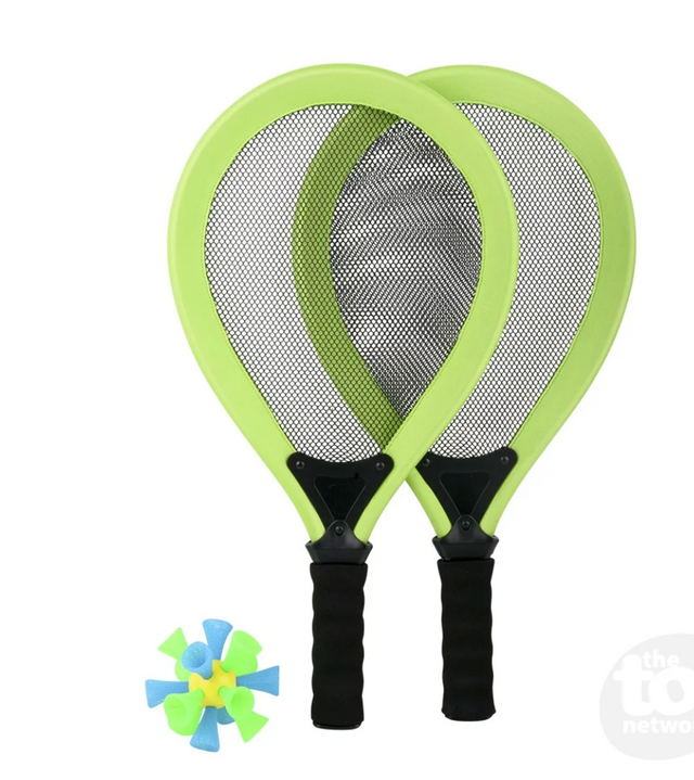 Jumbo Badminton Set with two bright green rackets and a blue and green bouncy birdie for backyard fun.