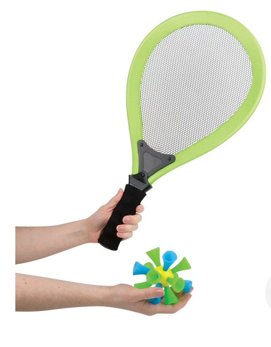 Jumbo Badminton Set with bright green racket and blue-green bouncy birdie for fun backyard play, ages 4 and up.