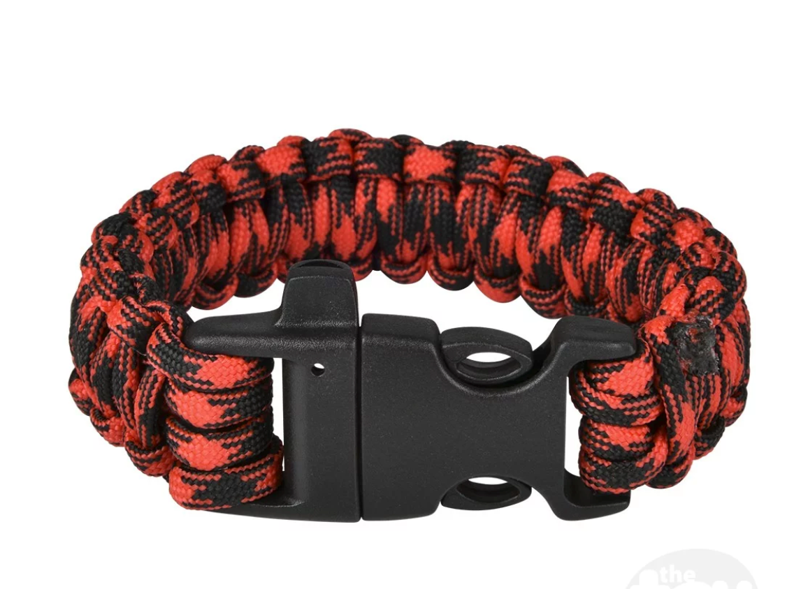 Explorer Paracord Bracelet in black and red with durable buckle and 8 feet of safety cord for outdoor adventures.