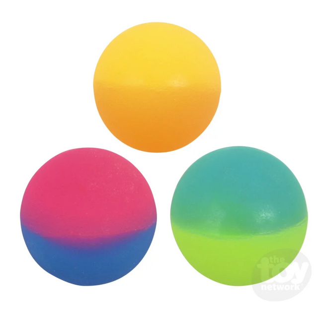Three colorful 1.75 inch Icy Bouncy Balls in yellow, pink-blue, and green-blue for ages 3 and up.
