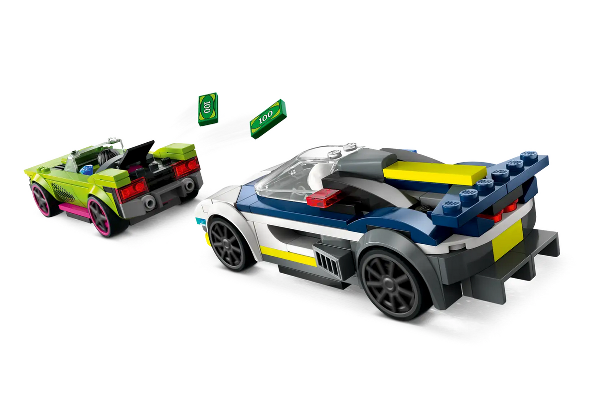 City Police Car and Muscle Car Chase set with police interceptor and muscle car getaway in action scene.