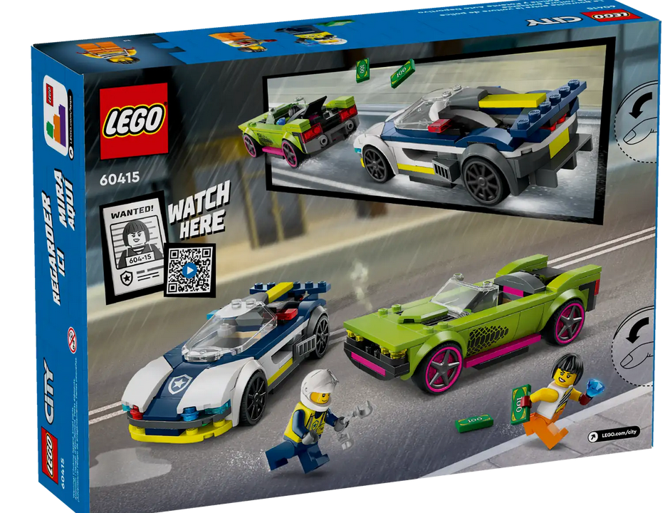City Police Car and Muscle Car Chase LEGO set with police interceptor, muscle car, and two minifigures in action scene.