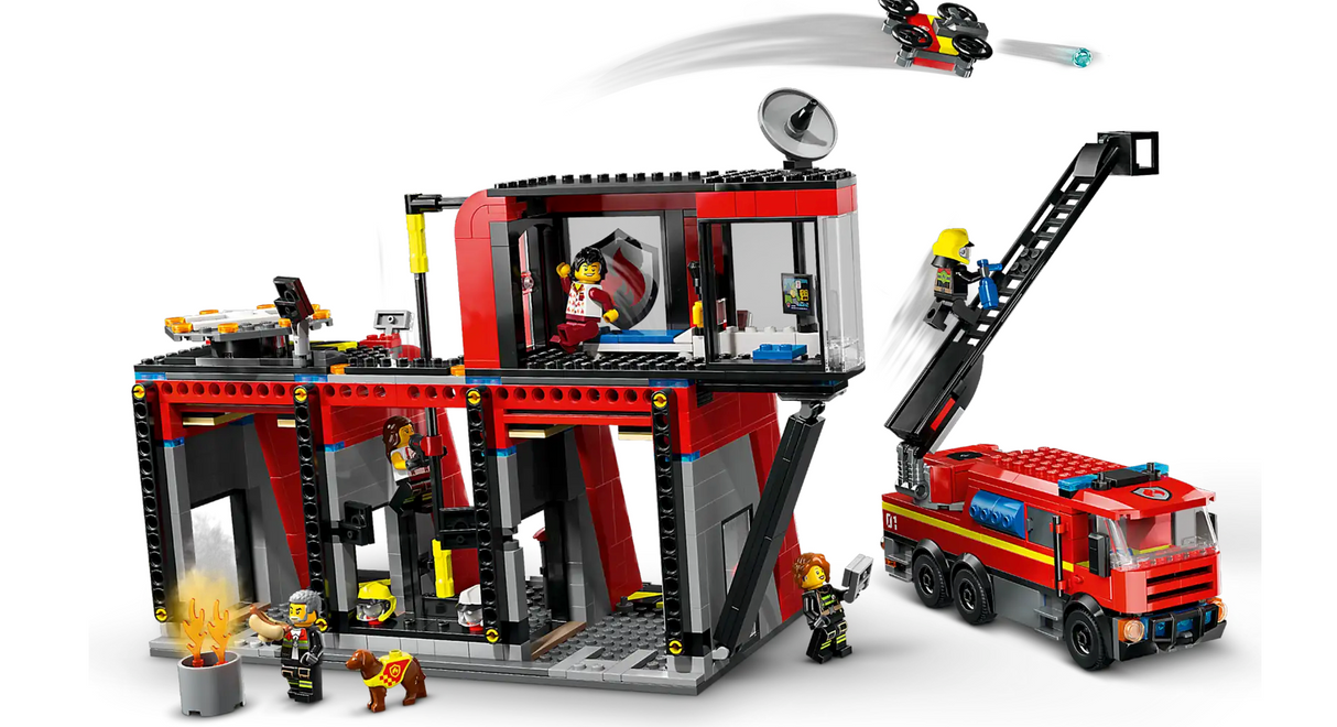 City Fire Station with Fire Truck LEGO set showing firefighting minifigures, fire engine, drone, and fire station building.