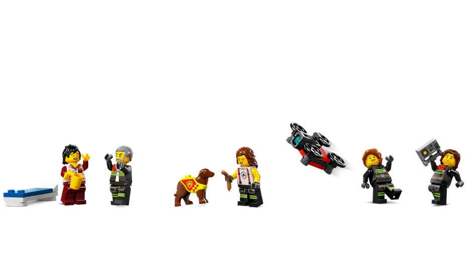 City Fire Station with Fire Truck LEGO minifigures including firefighters, fire dog, and drone for imaginative play.