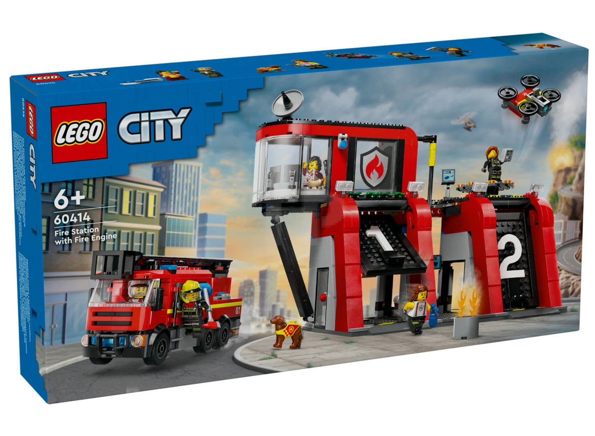 LEGO City Fire Station with Fire Truck set featuring fire engine, fire crew minifigures, fire dog, and fire station building.