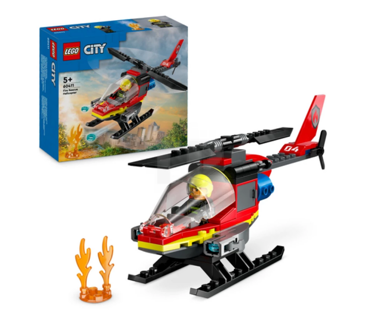 LEGO City Fire Rescue Helicopter with spinnable rotors, firefighter pilot, and water element launchers playset.