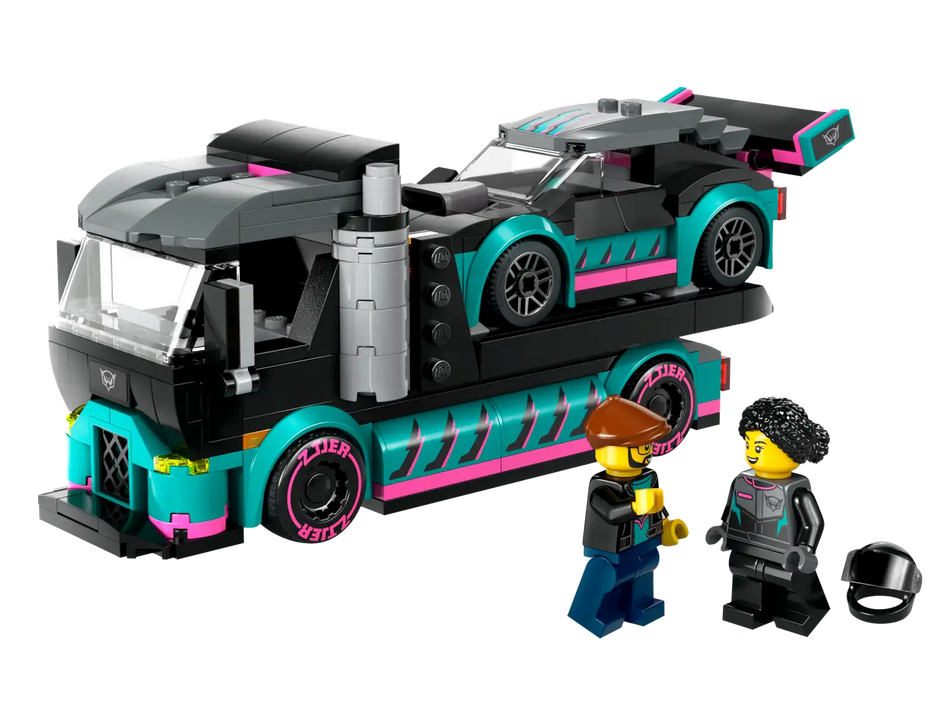 City Race Car and Car Carrier Truck LEGO set showing black and teal race car on a truck with two driver minifigures.