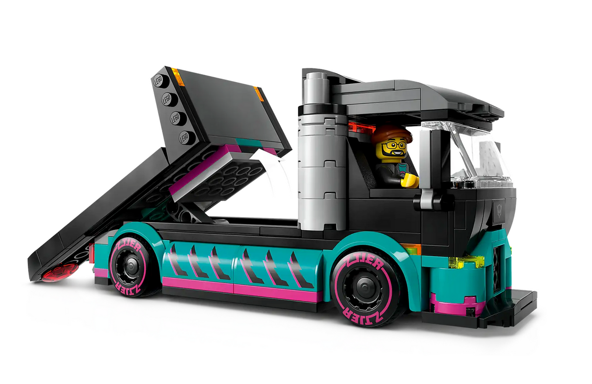 LEGO City Race Car and Car Carrier Truck with black and teal carrier and a minifigure driver inside the cab.