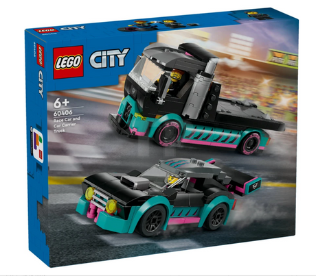 LEGO City Race Car and Car Carrier Truck set with a race truck and race car for kids aged 6 and up.