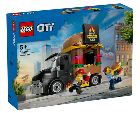 LEGO City Burger Truck toy set with mobile burger van, vendor and customer minifigures for imaginative play ages 5 and up.