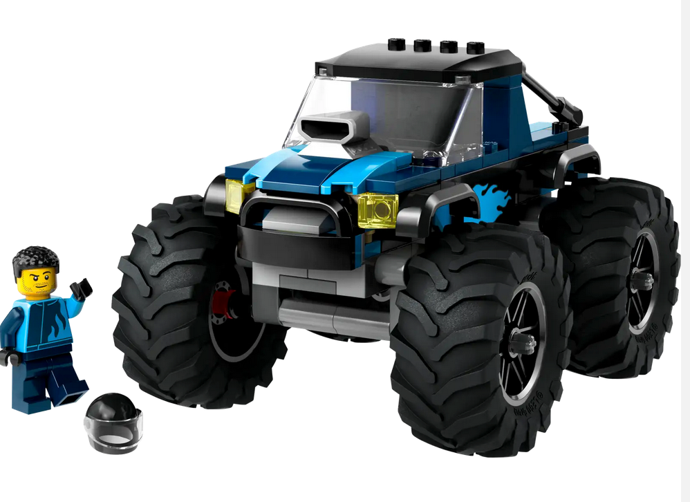 LEGO City Blue Monster Truck with huge tires, rugged design, and driver minifigure for imaginative play and stunts.