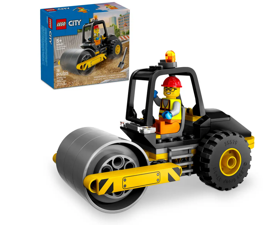 City Construction Steamroller toy with chunky tires, rolling drum, driver minifigure, and warning beacon for kids 5+.