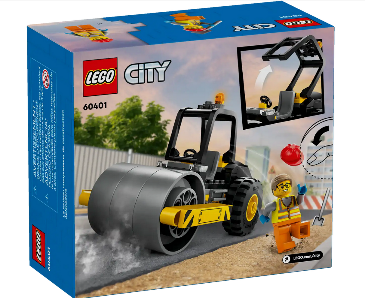 LEGO City Construction Steamroller toy with chunky tires, rolling drum, driver minifigure, and warning beacon.