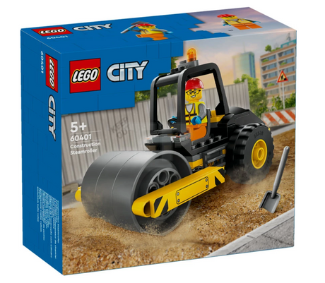 LEGO City Construction Steamroller toy with chunky tires and driver minifigure, perfect for kids aged 5 and up.
