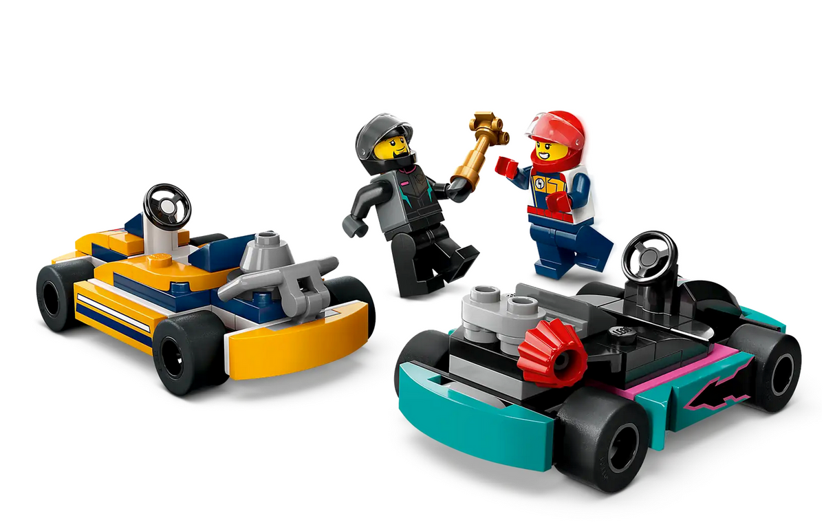 City Go-Karts and Race Drivers with two colorful go-karts and minifigures holding a trophy for kids aged 5+.