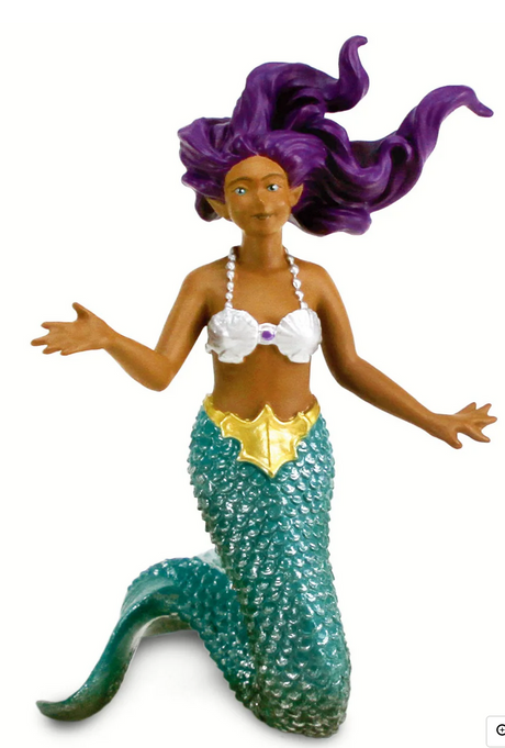 Mermaid with Purple Hair toy with green textured tail, white shell top, and flowing purple hair, 4 3/4 inches tall.