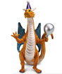 Party Dragon figure wearing a purple party hat holding a silver balloon, perfect for birthday celebrations.