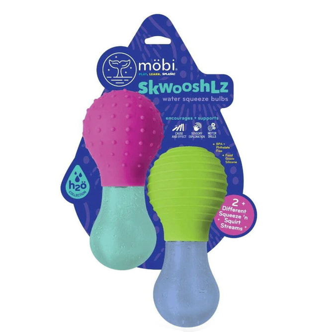 Skwooshlz Water Squeeze Bulbs two colorful textured bath toys for squirting water and sensory play.