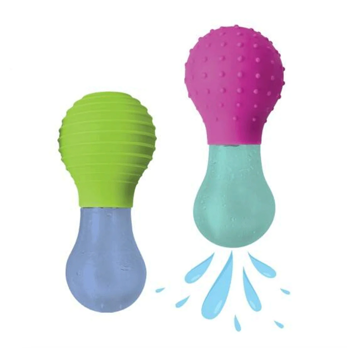 Skwooshlz Water Squeeze Bulbs bath toys with colorful textured caps for spraying water and sensory play.