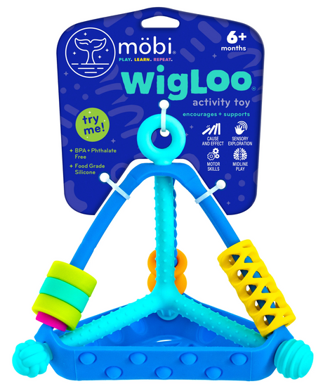 Wigloo Activity Toy designed for sensory exploration with silicone bubbles, spinning rings, and springy cords for ages 6+ months.
