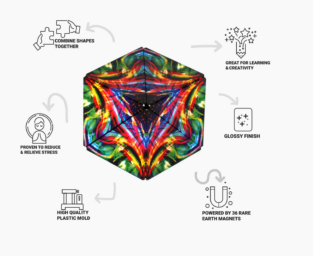 Shashibo Cosmic Surfer magnetic puzzle cube with vibrant art, glossy finish, and 36 rare earth magnets shown in hexagon shape.