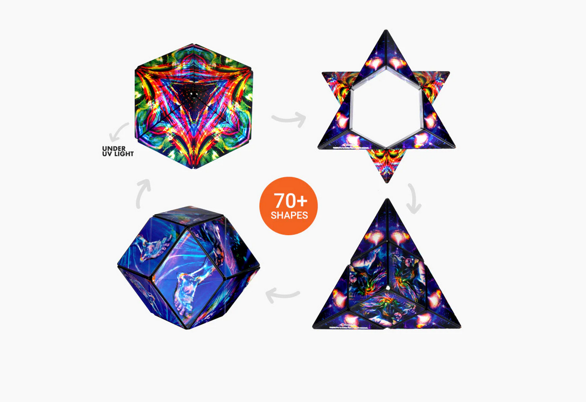 Shashibo | Cosmic Surfer magnetic puzzle cube showing four vibrant geometric shapes with colorful cosmic designs.