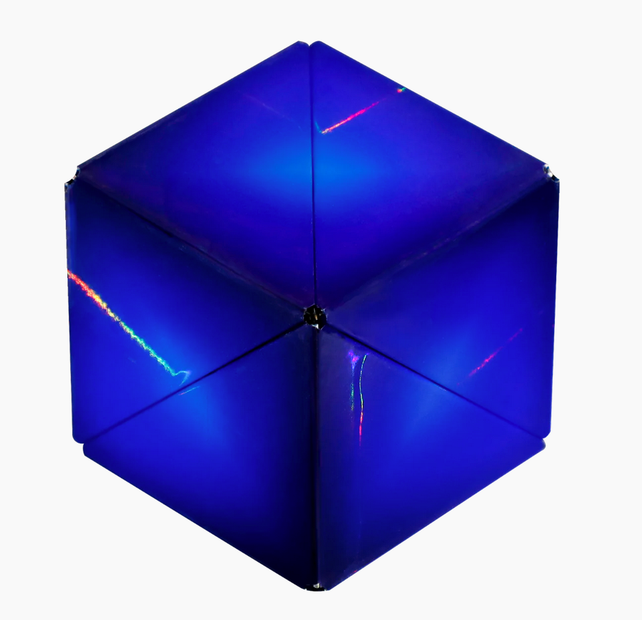 Shashibo | Holographic Vapor magnetic puzzle cube in deep blue with holographic light reflections and geometric design.