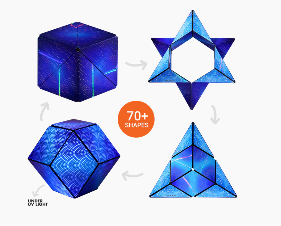 Shashibo | Holographic Vapor magnetic puzzle cube transforming into multiple geometric shapes with holographic blue patterns.