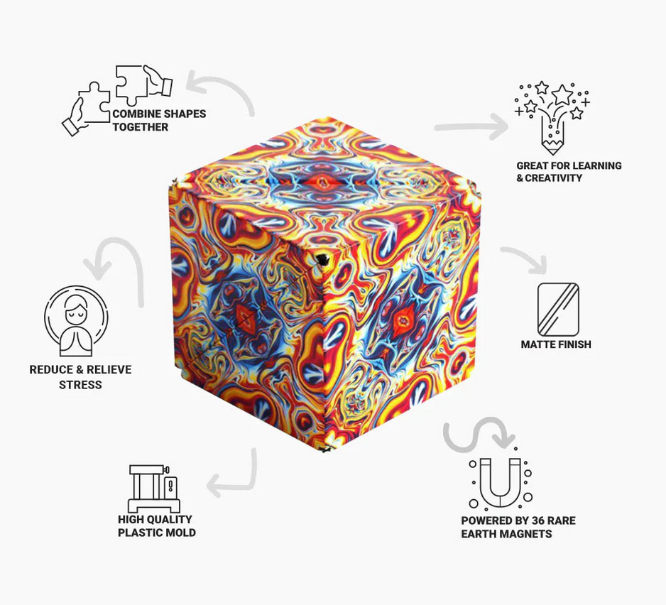 Shashibo | Spaced Out magnetic puzzle cube with vibrant design, 36 magnets, matte finish, and high-quality plastic mold.