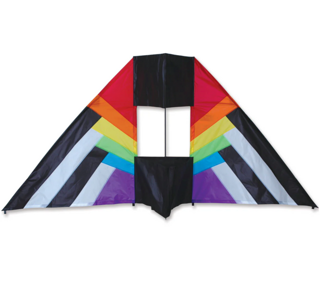 5.5' Box Delta Kite Rainbow Spectrum with vibrant ripstop nylon fabric and fiberglass frame in rainbow colors.