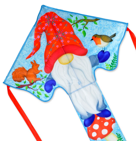 46" Easy Flyer Kite | Gnome featuring a colorful gnome with bird and squirrel, easy to assemble and fly kite design.