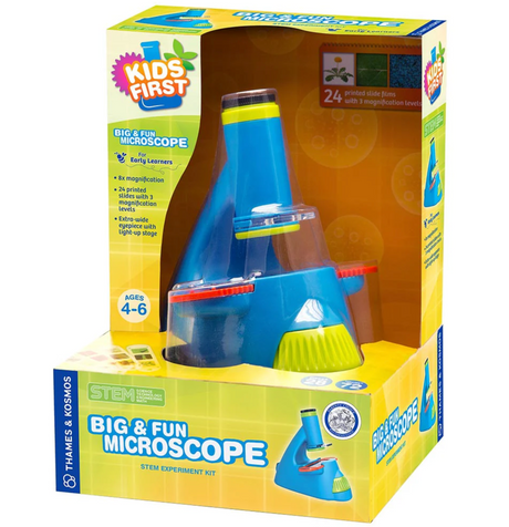 Kids First: Big & Fun Microscope in colorful packaging for early biological investigations with 8x magnification.