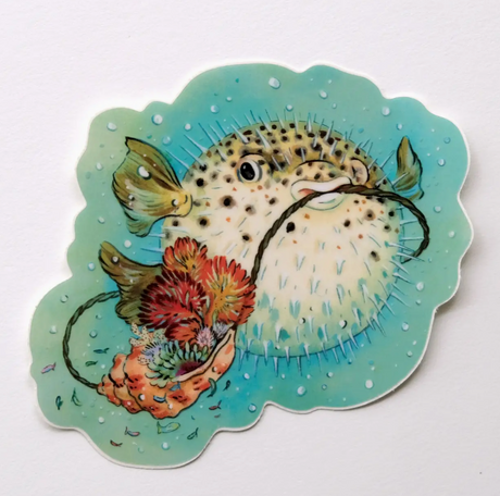 Pufferfish Sticker featuring a detailed pufferfish with coral and sea-shell on clear blue background vinyl.
