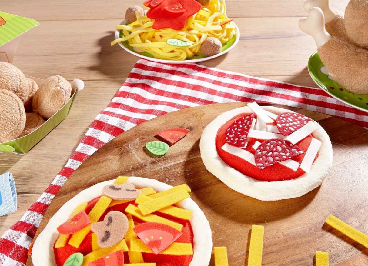 Mini Pizza set with two 5” crusts and realistic polyester toppings for creative children’s role-play fun.