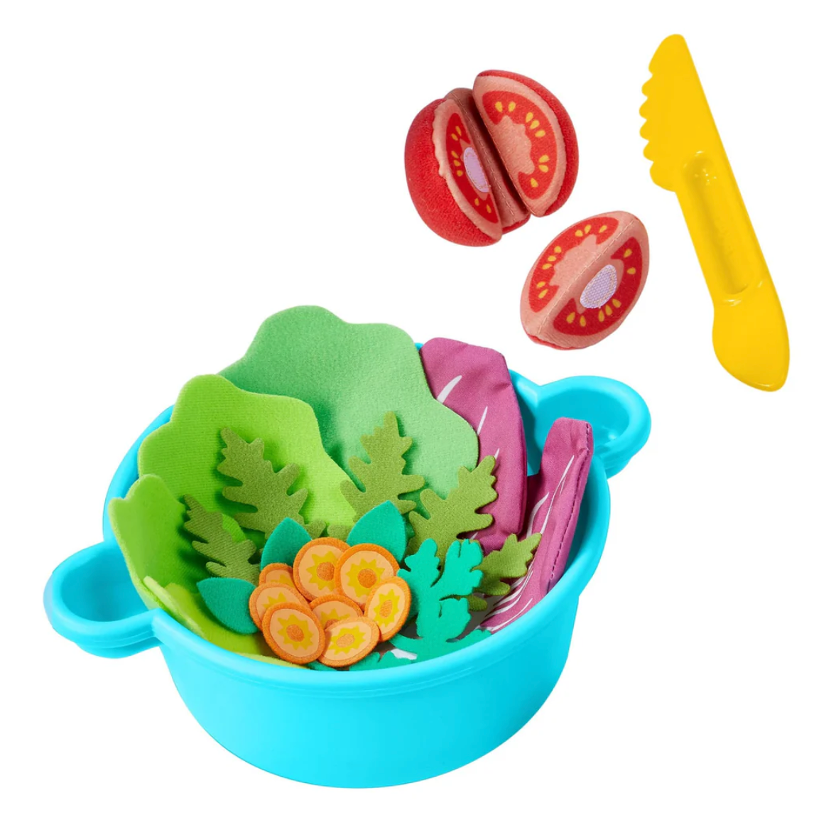 Mixed Salad Bowl with play knife, fabric vegetables including lettuce, arugula, carrots, tomatoes with Velcro for slicing.