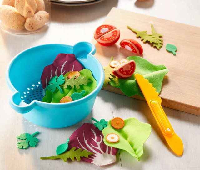 Mixed Salad Bowl with play vegetables, salad strainer, and toy knife for healthy pretend play.