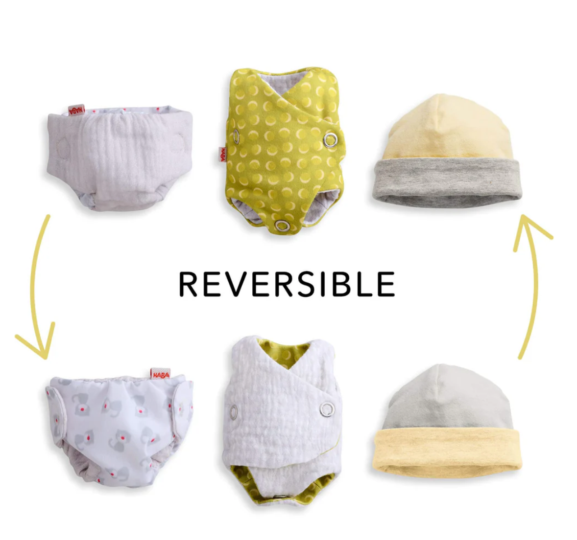 Reversible diaper and cap accessories for Maxime Baby Doll, showcasing easy snap-on features and playful patterns.