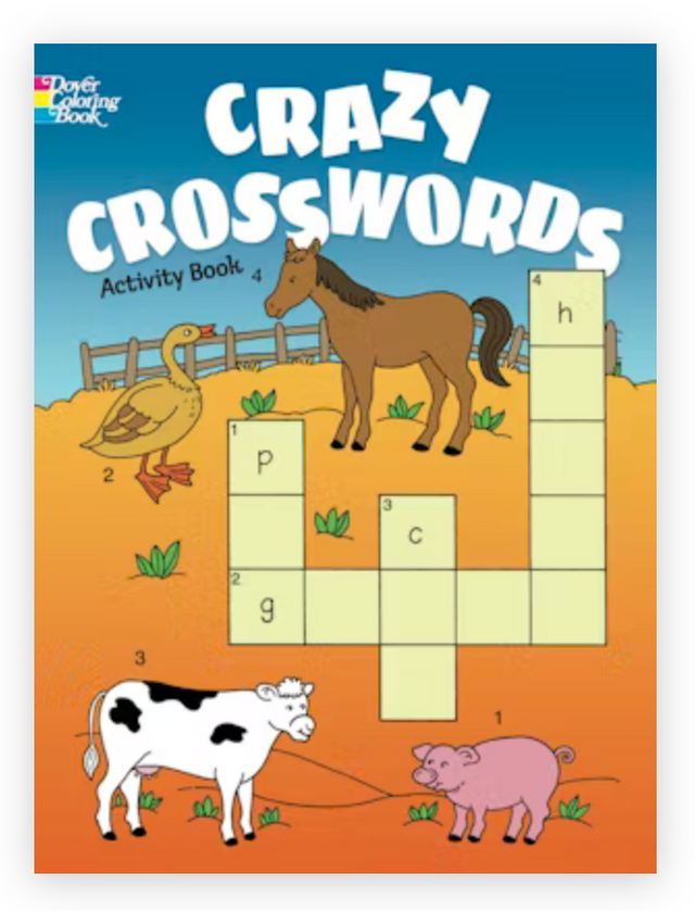 Crazy Crosswords activity book cover with farm animal crossword puzzles for kids aged 4-8 to color and solve.