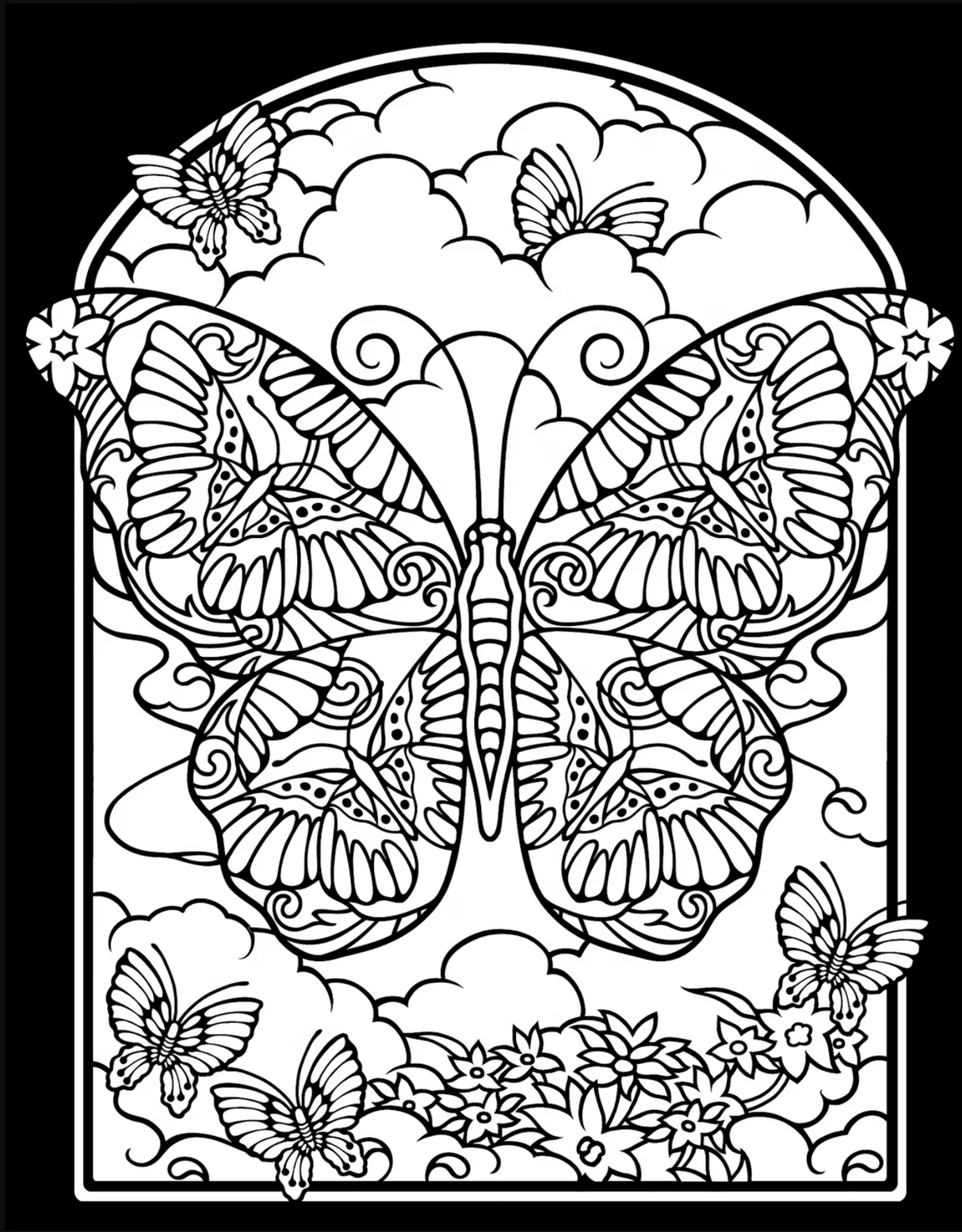 Fanciful Butterflies Stained Glass Coloring Book featuring detailed butterfly designs against clouds and floral backgrounds for creative coloring.