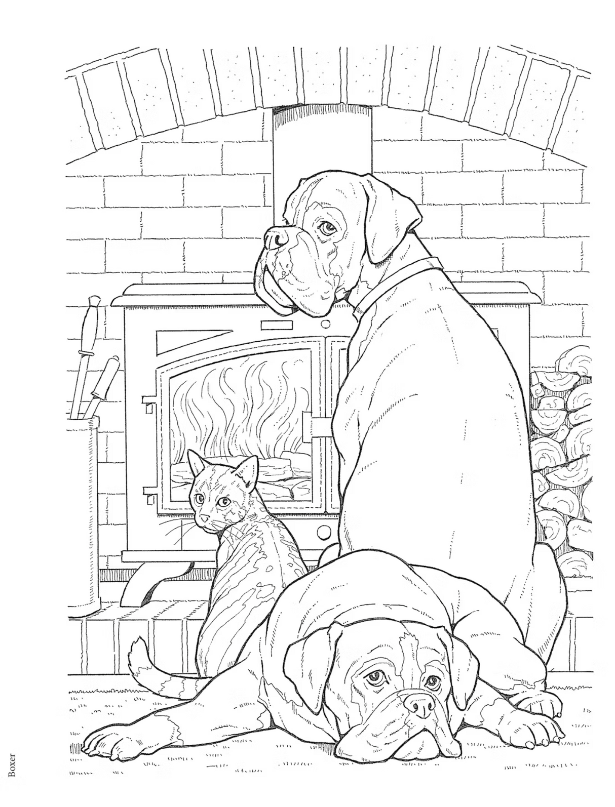 Dog Lovers Coloring Book black and white illustration of two boxers and a cat by a cozy fireplace scene.