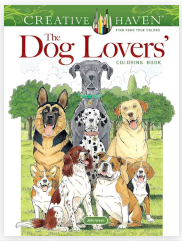 The Dog Lovers' Coloring Book cover featuring a variety of popular dog breeds in a park setting.