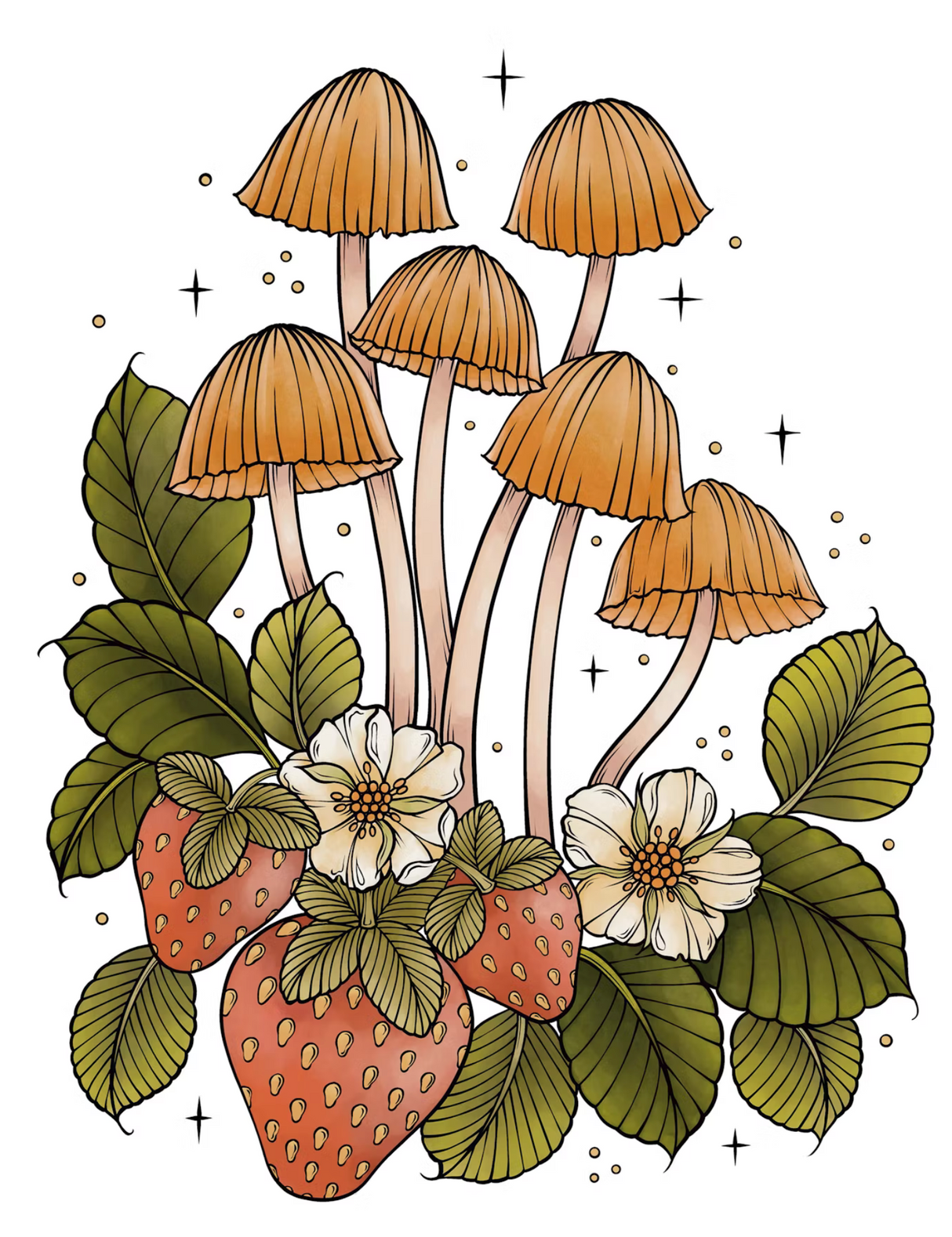 Art of Mushrooms Coloring Book illustration of whimsical mushrooms, strawberries, and delicate flowers surrounded by green leaves.