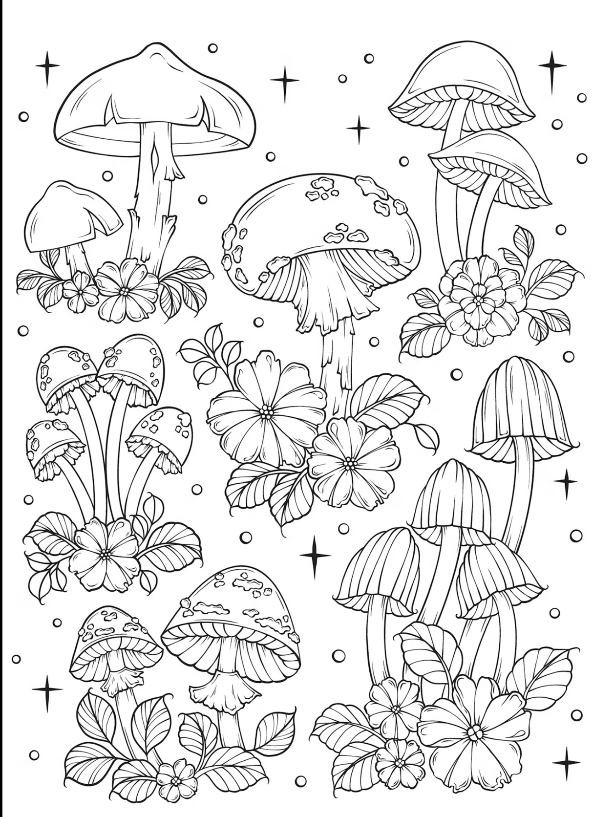 Art of Mushrooms Coloring Book page with detailed mushrooms, flowers, and foliage for a peaceful woodland coloring experience.