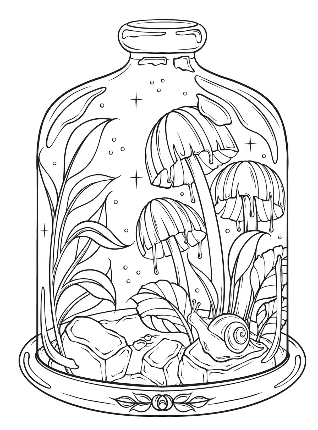 Art of Mushrooms Coloring Book featuring intricate mushrooms and woodland plants inside a glass dome with a snail.