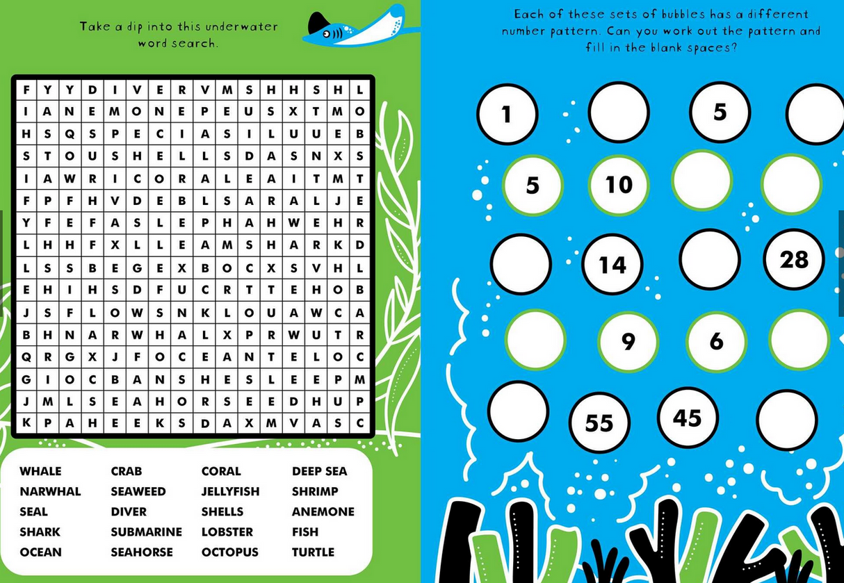 Brain Boosters | Under the Sea Puzzles with fluorescent word search and number pattern activities for creative learning.