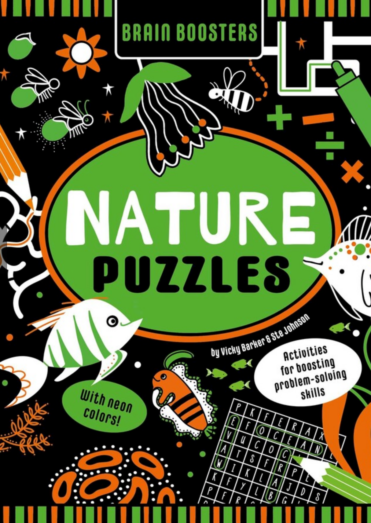 Brain Boosters Nature Puzzles cover with neon colors showing insects, fish, puzzles, and nature-themed educational activities.