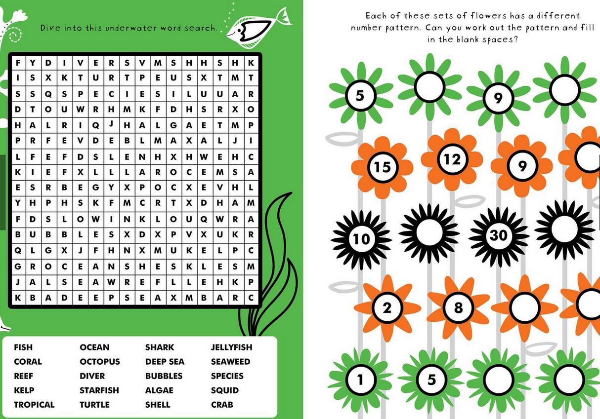 Brain Boosters | Nature Puzzles with bright fluorescent wordsearch and flower pattern math activities for ages 5 and up.